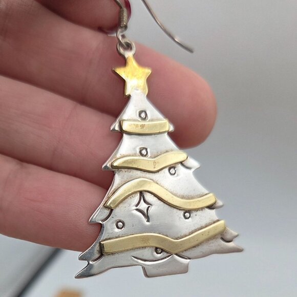 Earrings Sterling Silver & Brass Christmas Tree Star Top Dangle Vintage 14g - Picture 5 of 8